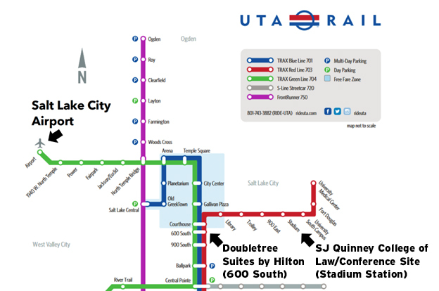 UTA Rail Map. Green Line connects SLC airport to downtown SLC. Red Line connects downtown SLC to Doubletree Suites and USU south campus.